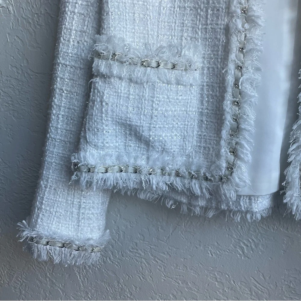 Boston Proper Ivory Tweed Blazer with Fringe - Picture 2 of 5